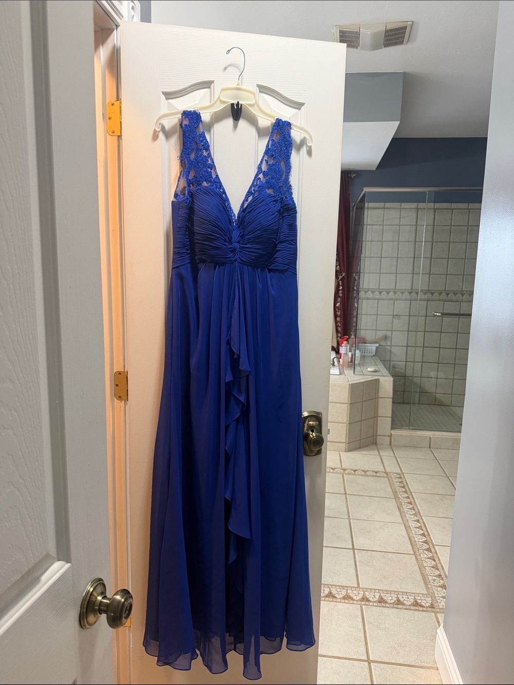 Sleeveless Lace-Shoulder Royal Blue Prom Dress